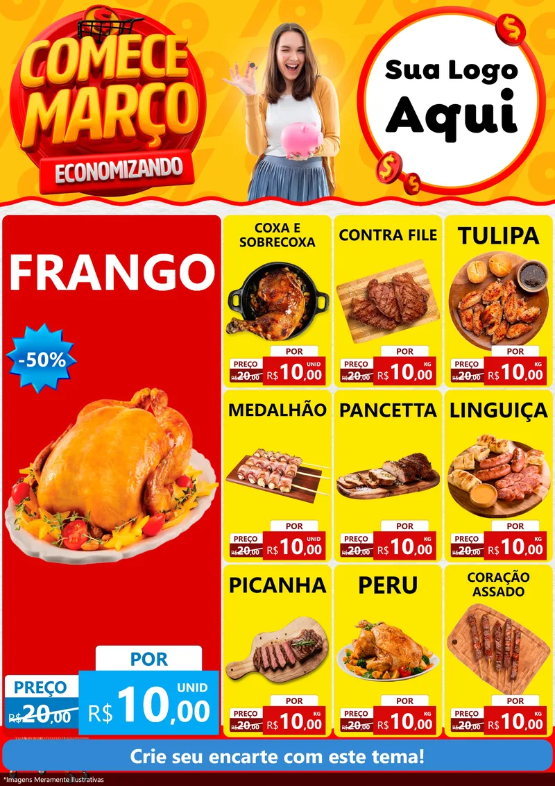 Modelo de Encarte para Encarte A4 Vertical com o tema Comece Março Economizando para Assados