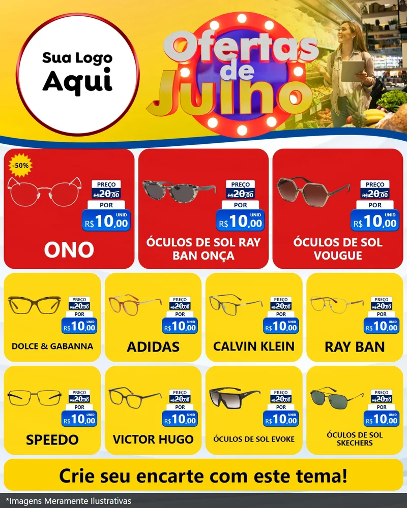 Modelo de Rede Social para Feed Instagram com o tema Ofertas de Julho para Óticas