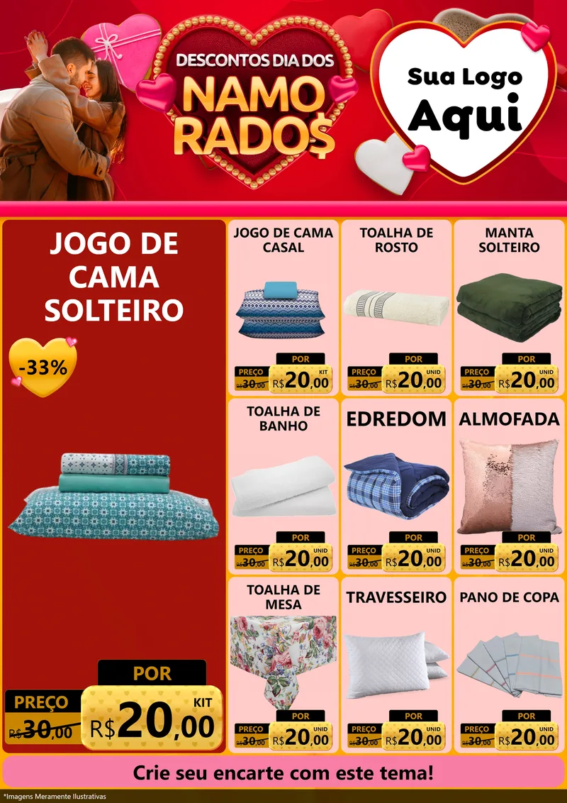 Modelo de Encarte para Encarte A4 Vertical com o tema Descontos Dia dos Namorados para Cama, Mesa e Banho