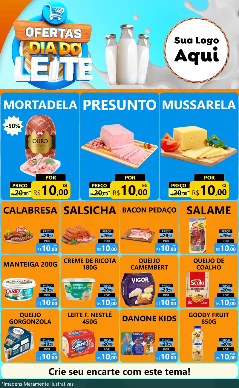 Modelo de Encarte para Encarte Grande com o tema Ofertas Dia do Leite para Frios e Laticínios