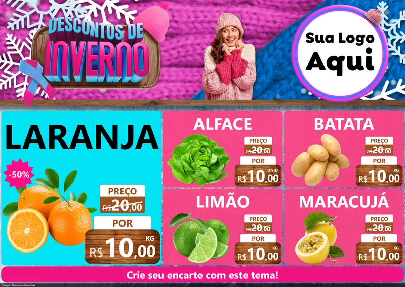 Modelo de Encarte para Encarte A4 Horizontal com o tema Descontos de Inverno para Hortifrúti