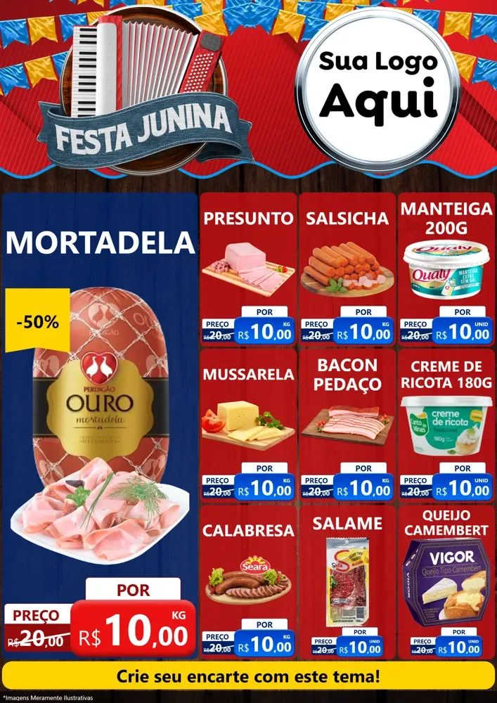 Modelo de Encarte para Encarte A4 Vertical com o tema Festa Junina para Frios e Laticínios