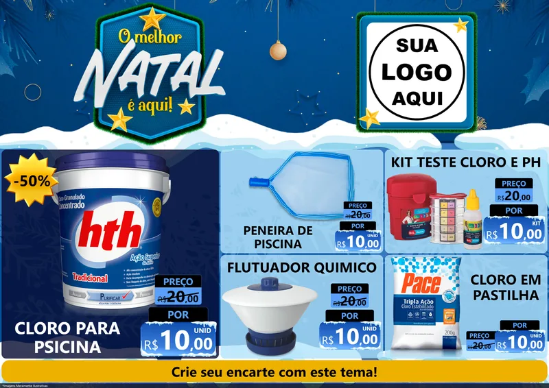 Modelo de Encarte para Encarte A4 Horizontal com o tema O Melhor Natal É Aqui! para Produtos para Piscina