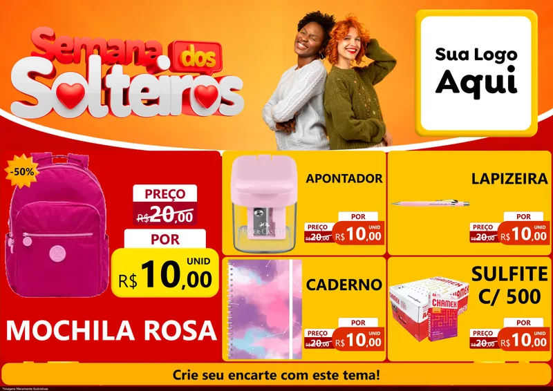 Modelo de Encarte para Encarte A4 Horizontal com o tema Semana dos Solteiros para Papelaria
