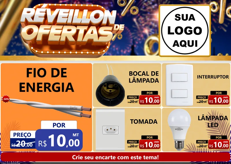 Modelo de Encarte para Encarte A4 Horizontal com o tema Réveillon de Ofertas para Materiais Elétricos
