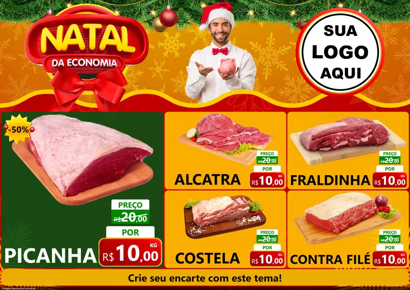 Modelo de Encarte para Encarte A4 Horizontal com o tema Natal da Economia para Açougue