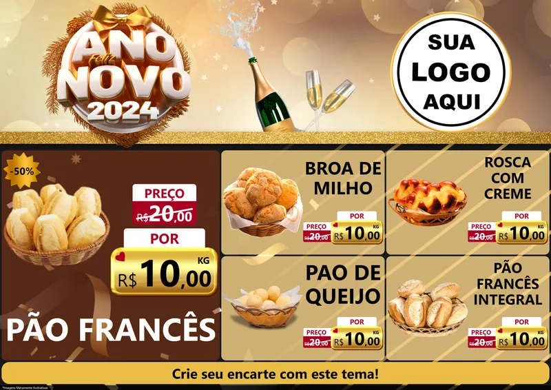 Modelo de Encarte para Encarte A4 Horizontal com o tema Feliz Ano Novo 2027 para Padaria
