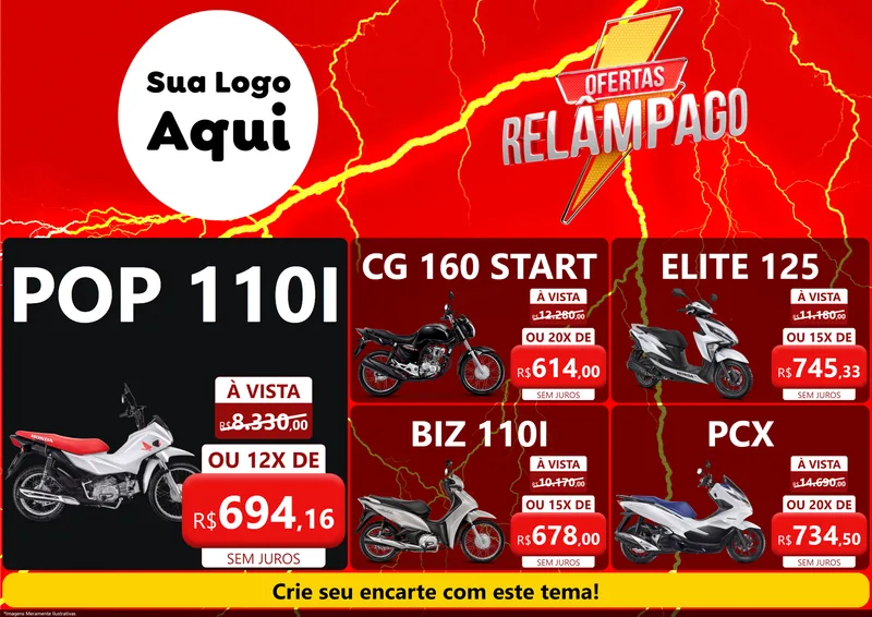 Modelo de Encarte para Encarte A4 Horizontal com o tema Ofertas Relâmpago para Concessionaria de Motos