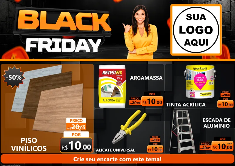 Modelo de Encarte para Encarte A4 Horizontal com o tema Black Friday para Material para Construção