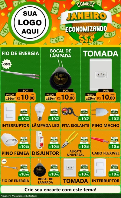 Modelo de Encarte para Encarte Grande com o tema Comece Janeiro Economizando para Materiais Elétricos