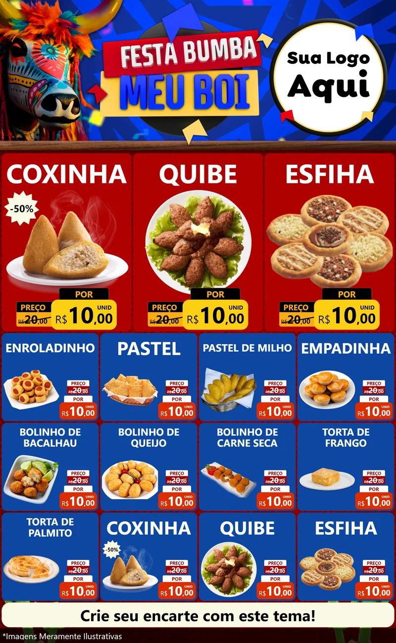 Modelo de Encarte para Encarte Grande com o tema Festa Bumba meu Boi para Salgadaria
