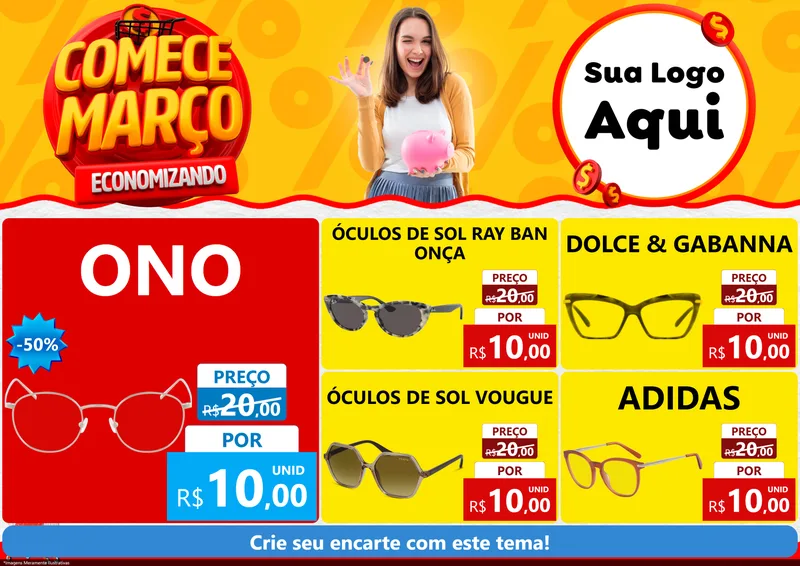 Modelo de Encarte para Encarte A4 Horizontal com o tema Comece Março Economizando para Óticas