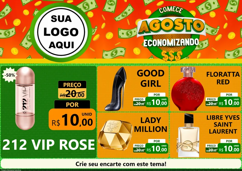 Modelo de Encarte para Encarte A4 Horizontal com o tema Comece Agosto Economizando para Perfumes