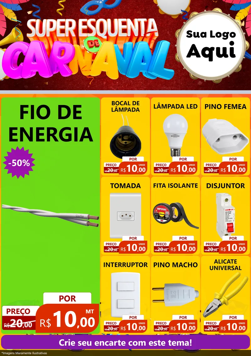 Modelo de Encarte para Encarte A4 Vertical com o tema Super Esquenta de Carnaval para Materiais Elétricos