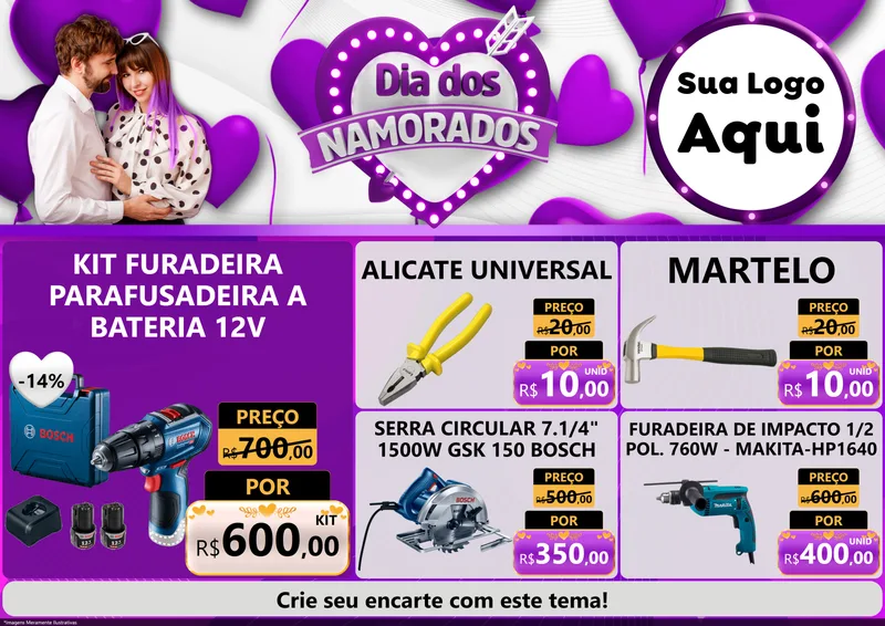 Modelo de Encarte para Encarte A4 Horizontal com o tema Dia dos Namorados para Maquinas e Ferramentas