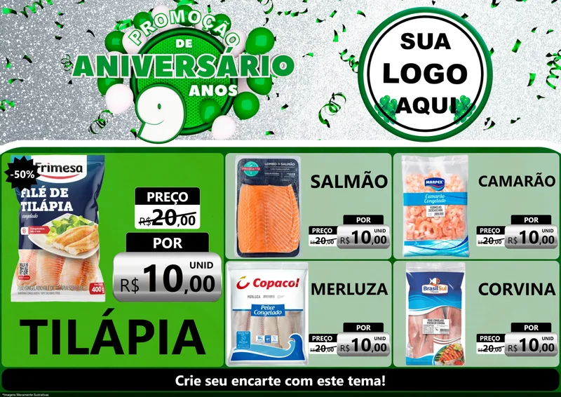 Modelo de Encarte para Encarte A4 Horizontal com o tema Promoção de Aniversário - 9 Anos para Peixaria