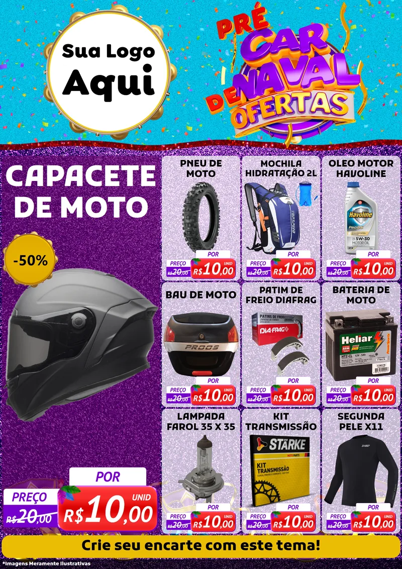 Modelo de Encarte para Encarte A4 Vertical com o tema Pré Carnaval de Ofertas para Moto peças