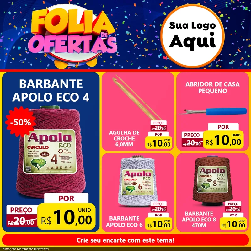 Modelo de Rede Social para Feed Facebook com o tema Folia de Ofertas para Armarinho e Aviamentos