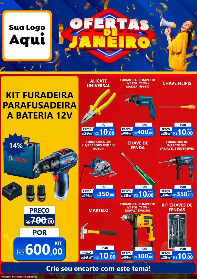 Modelo de Encarte para Encarte A4 Vertical com o tema Ofertas de Janeiro para Maquinas e Ferramentas