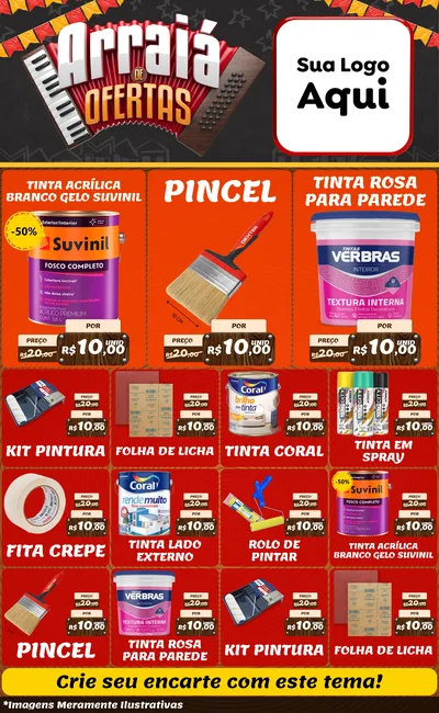Modelo de Encarte para Encarte Grande com o tema Arraiá de Ofertas - Junina para Tintas e Ferramentas