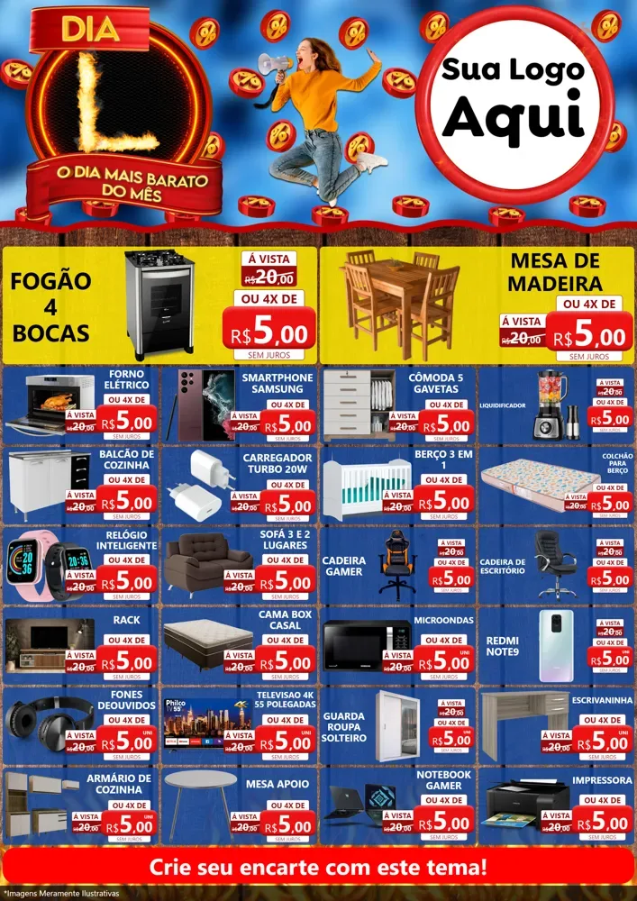 Modelo de Encarte para Encarte A4 Vertical com o tema Dia L - O Dia Mais Barato Do Mês para Móveis e Eletro