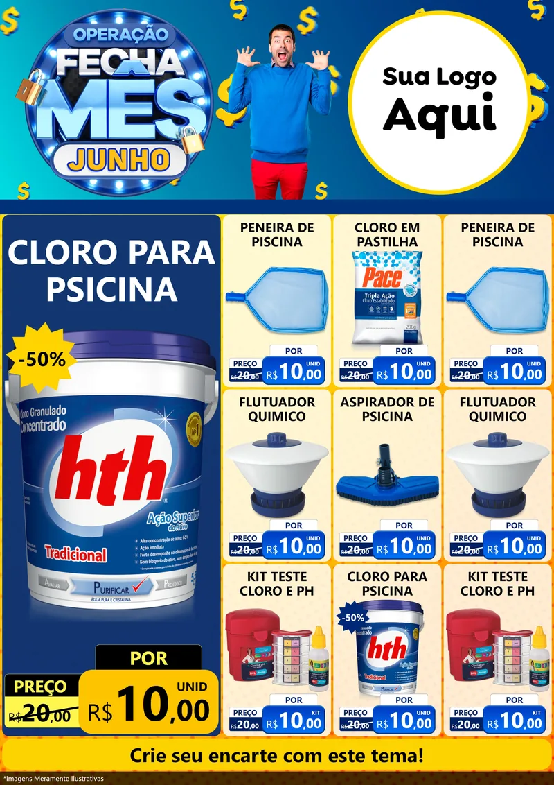 Modelo de Encarte para Encarte A4 Vertical com o tema Operação Fecha Mês, Junho para Produtos para Piscina