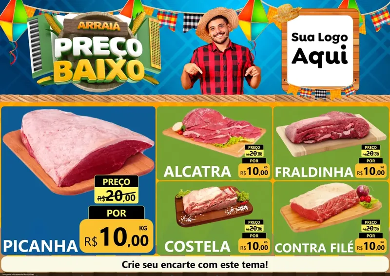 Modelo de Encarte para Encarte A4 Horizontal com o tema Arraiá de Preço Baixo - Junina para Açougue