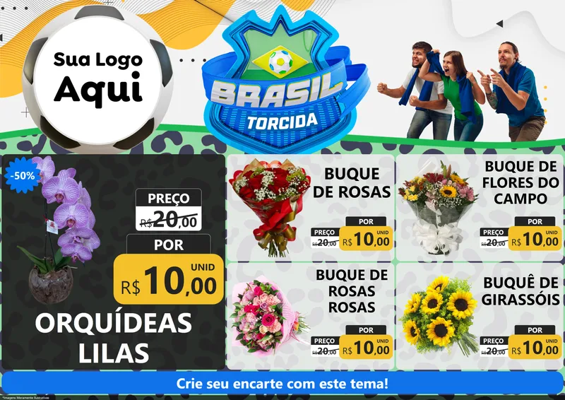 Modelo de Encarte para Encarte A4 Horizontal com o tema Brasil Torcida - Copa para Floricultura e jardim