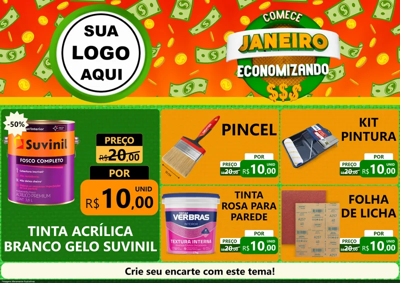 Modelo de Encarte para Encarte A4 Horizontal com o tema Comece Janeiro Economizando para Tintas e Ferramentas