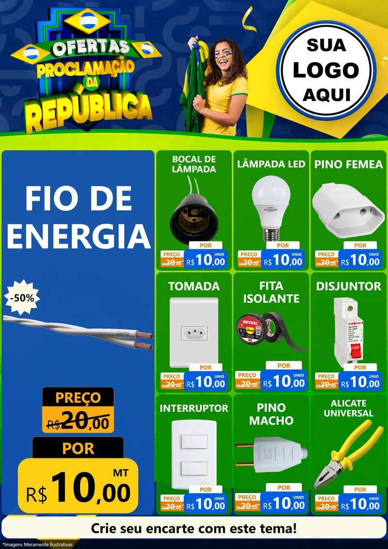Modelo de Encarte para Encarte A4 Vertical com o tema Ofertas Proclamação da República para Materiais Elétricos