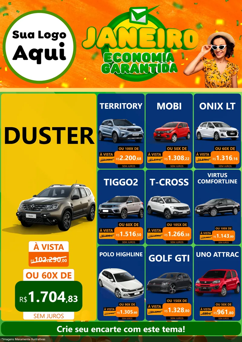 Modelo de Encarte para Encarte A4 Vertical com o tema Janeiro - Economia Garantida para Concessionaria de Carros