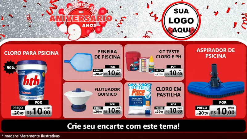 Modelo de TV para TV Horizontal com o tema Promoção de Aniversário - 9 Anos para Produtos para Piscina