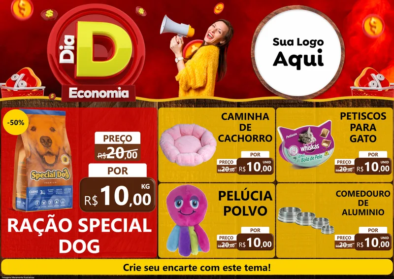 Modelo de Encarte para Encarte A4 Horizontal com o tema Dia D Economia para Pet Shop