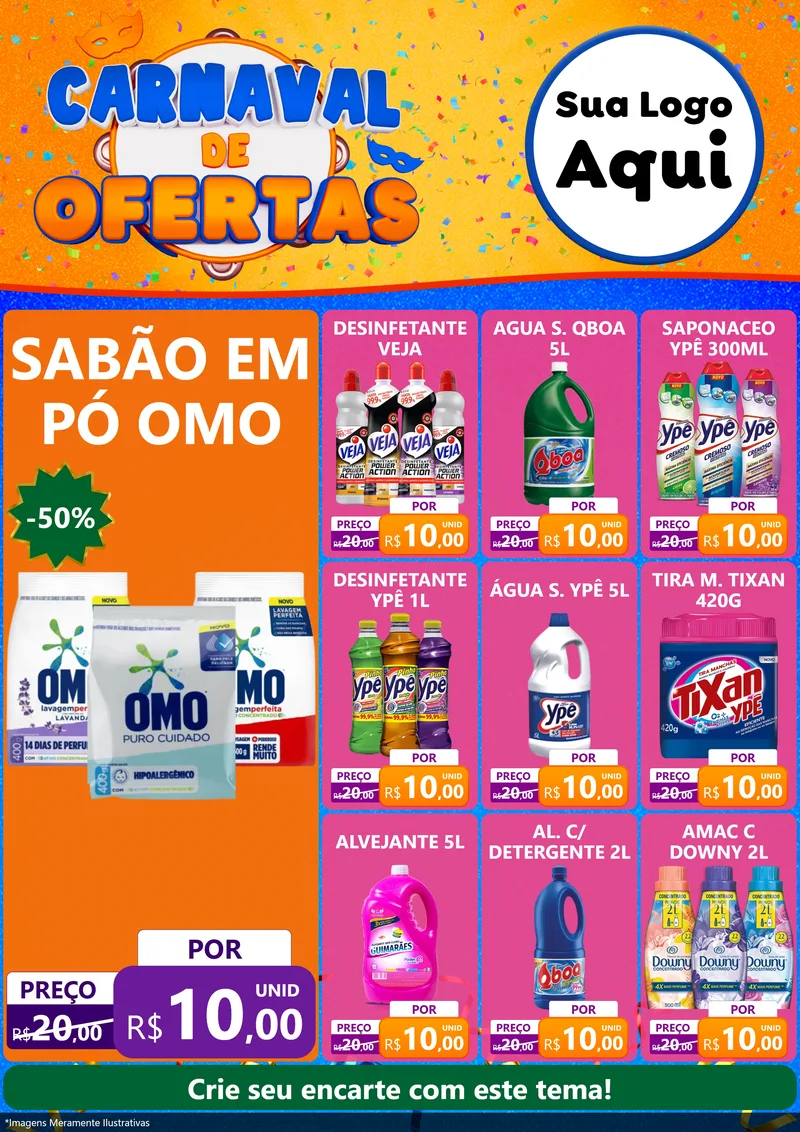 Modelo de Encarte para Encarte A4 Vertical com o tema Carnaval de Ofertas para Produtos de Limpeza