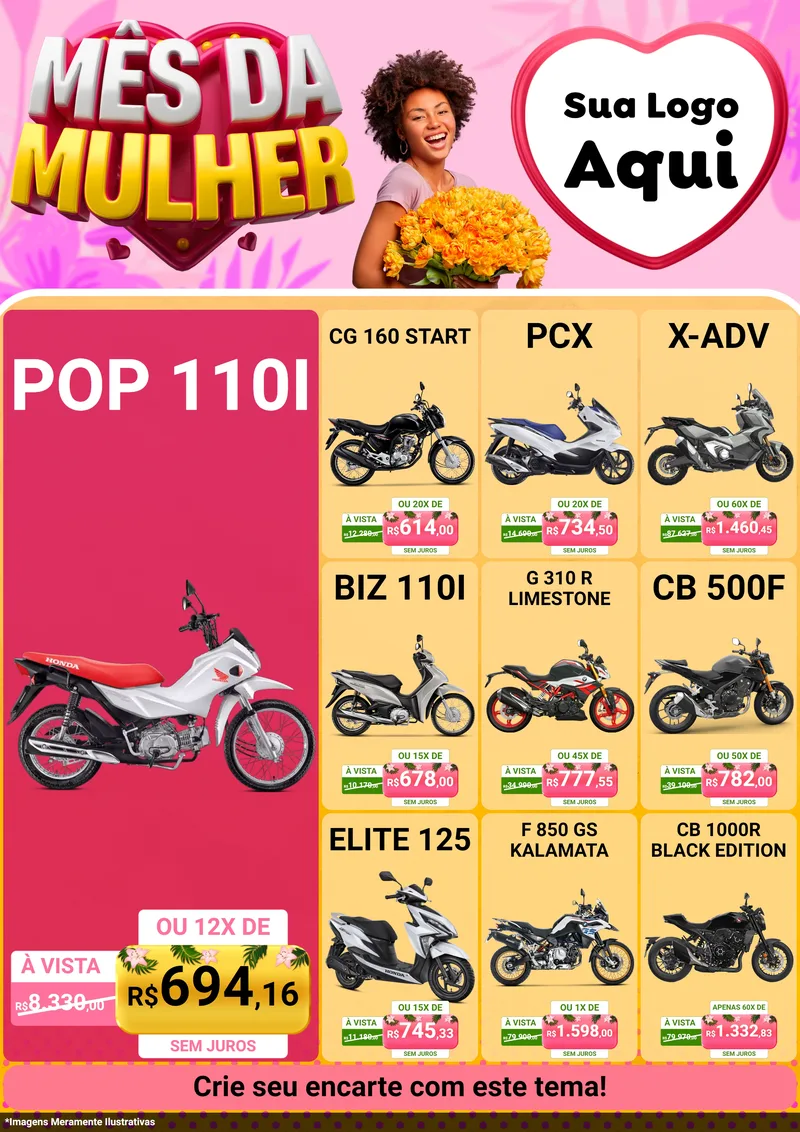 Modelo de Encarte para Encarte A4 Vertical com o tema Mês da Mulher para Concessionaria de Motos