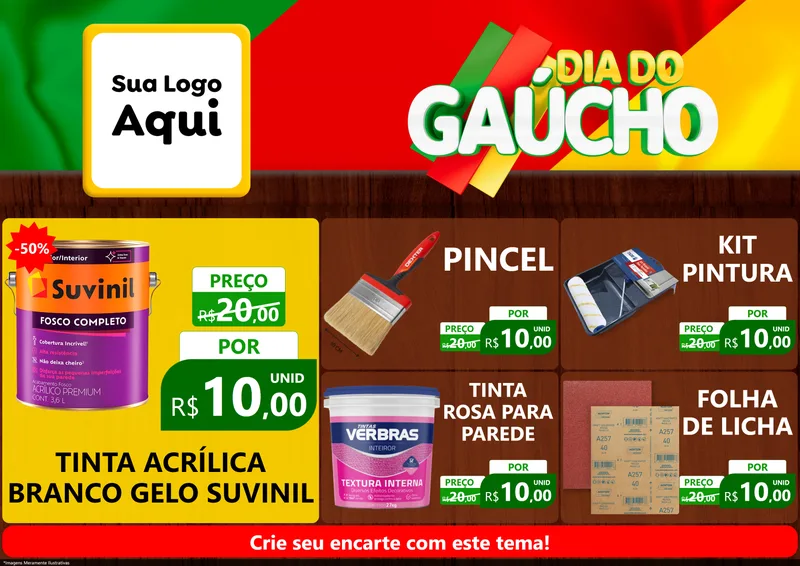 Modelo de Encarte para Encarte A4 Horizontal com o tema Dia do Gaúcho para Tintas e Ferramentas