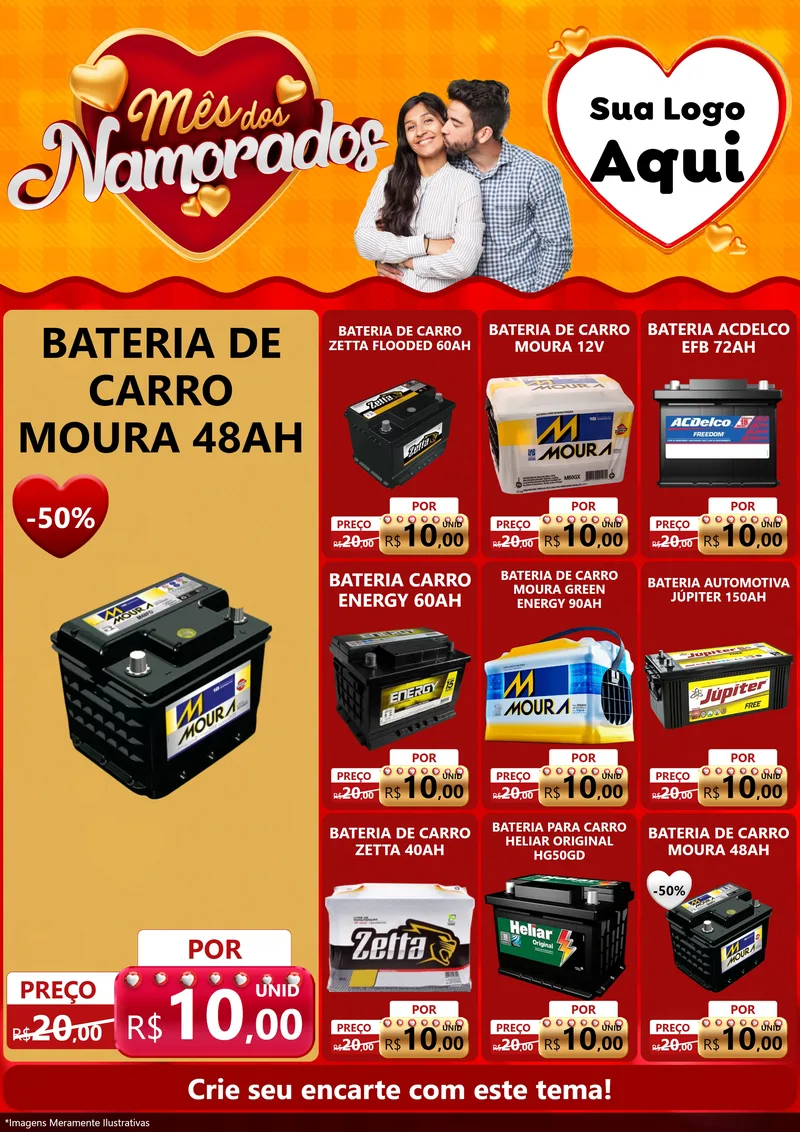 Modelo de Encarte para Encarte A4 Vertical com o tema Mês dos Namorados para Baterias Elétricas
