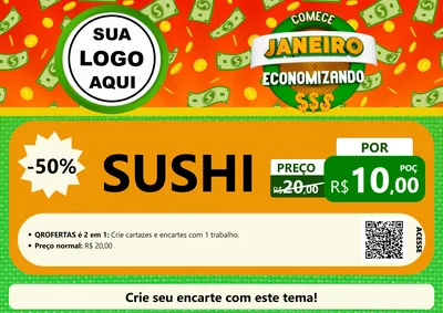 Modelo de Cartaz para Cartaz A4 Horizontal com o tema Comece Janeiro Economizando para Comida japonesa