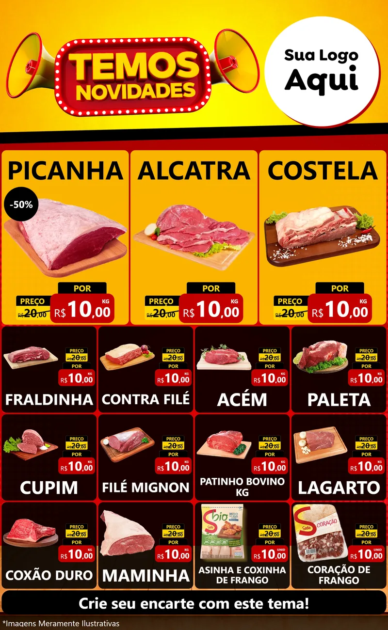 Modelo de Encarte para Encarte Grande com o tema Temos Novidades para Açougue