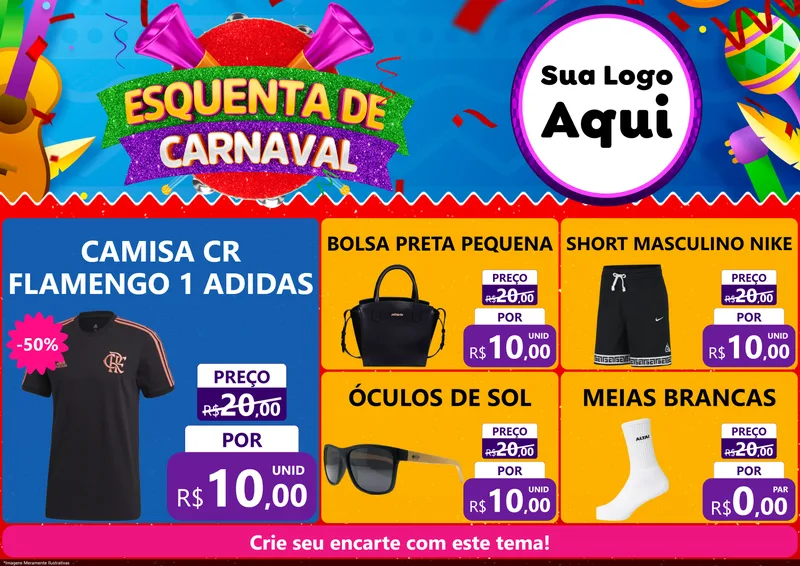 Modelo de Encarte para Encarte A4 Horizontal com o tema Esquenta de Carnaval para Roupas e acessórios