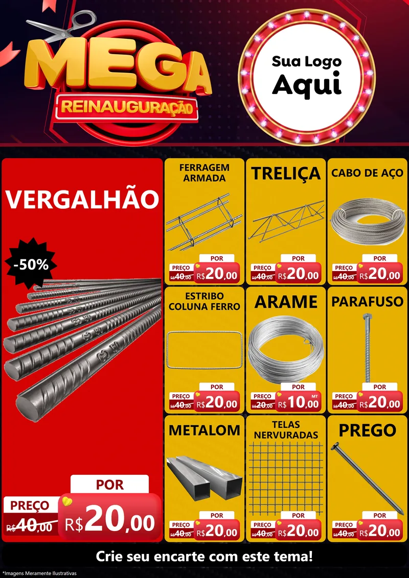 Modelo de Encarte para Encarte A4 Vertical com o tema Mega Reinauguração para Ferragens