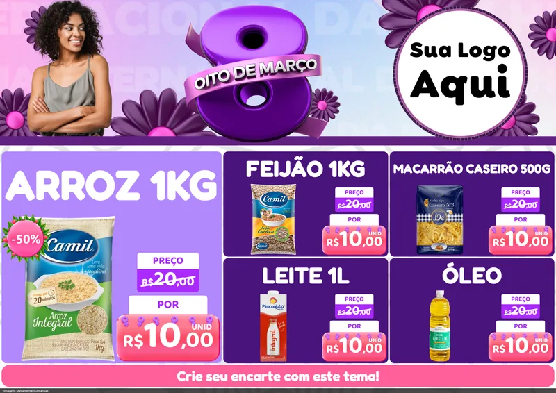 Modelo de Encarte para Encarte A4 Horizontal com o tema Oito de Março - Dia da Mulher para Supermercado