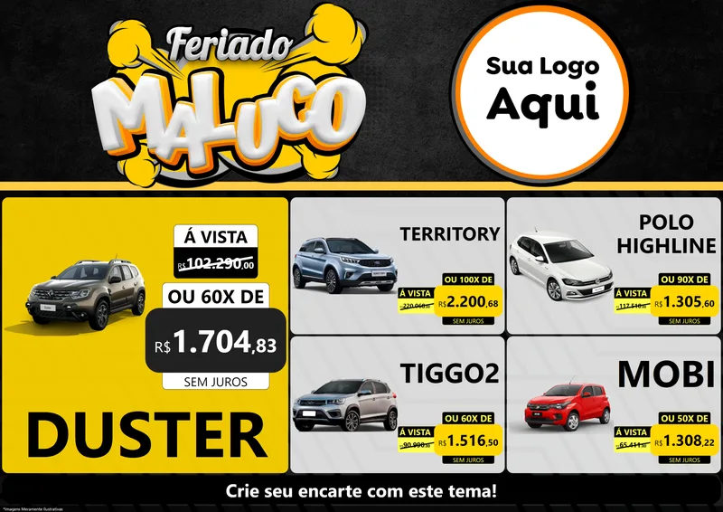 Modelo de Encarte para Encarte A4 Horizontal com o tema Feriado Maluco para Concessionaria de Carros