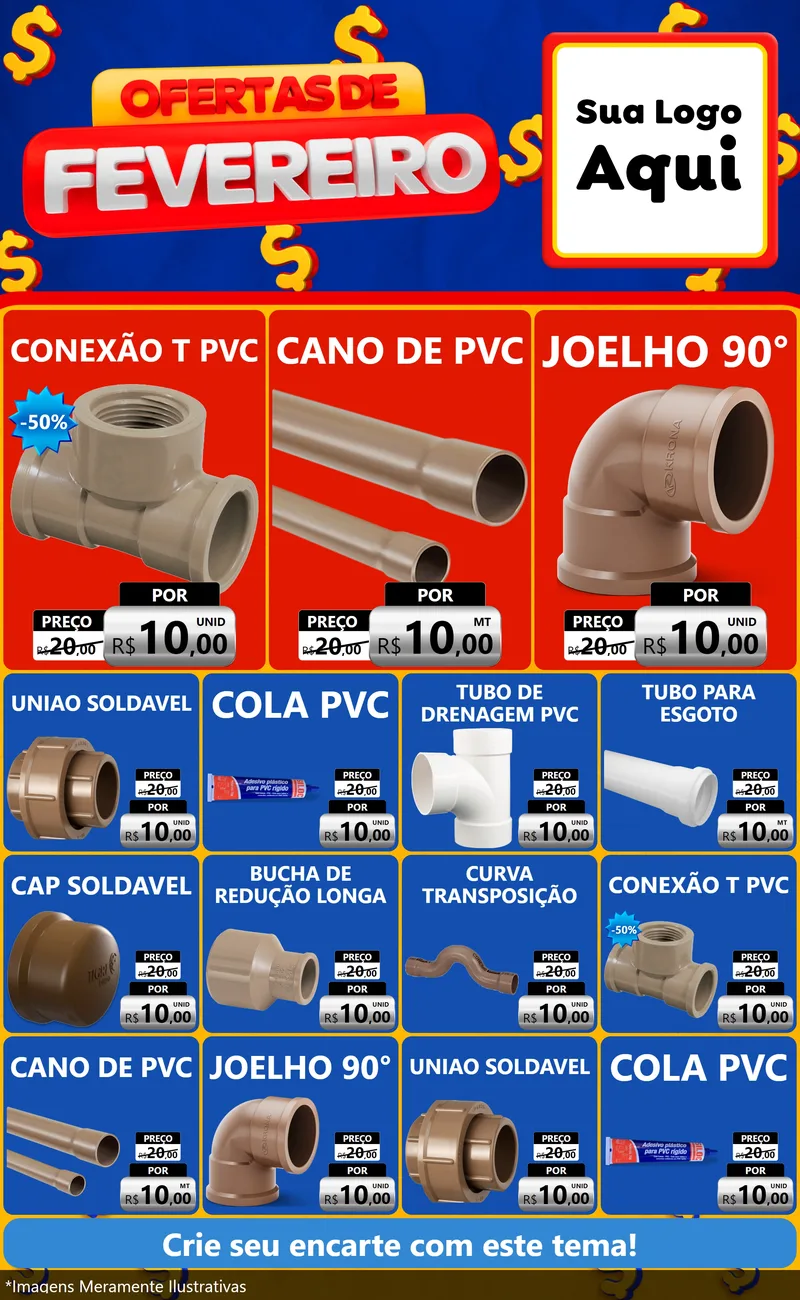 Modelo de Encarte para Encarte Grande com o tema Ofertas de Fevereiro para Tubos e conexões