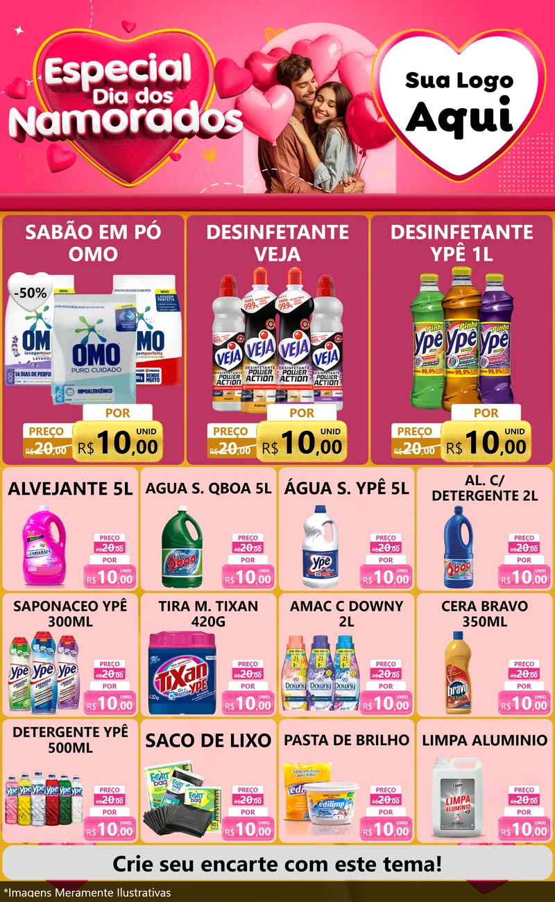 Modelo de Encarte para Encarte Grande com o tema Especial Dia dos Namorados para Produtos de Limpeza