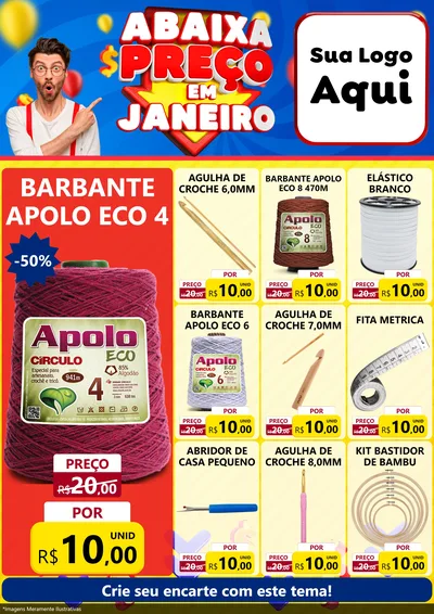 Modelo de Encarte para Encarte A4 Vertical com o tema Abaixa Preço em Janeiro para Armarinho e Aviamentos