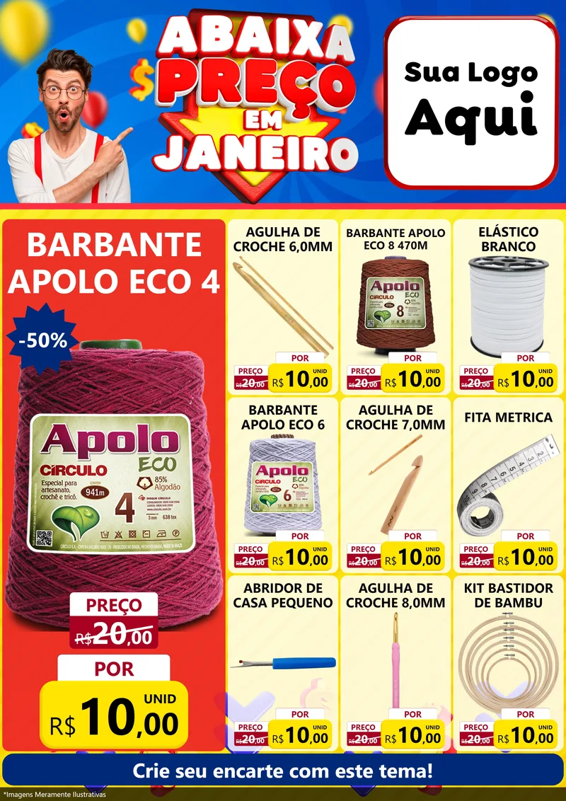 Modelo de Encarte para Encarte A4 Vertical com o tema Abaixa Preço em Janeiro para Armarinho e Aviamentos