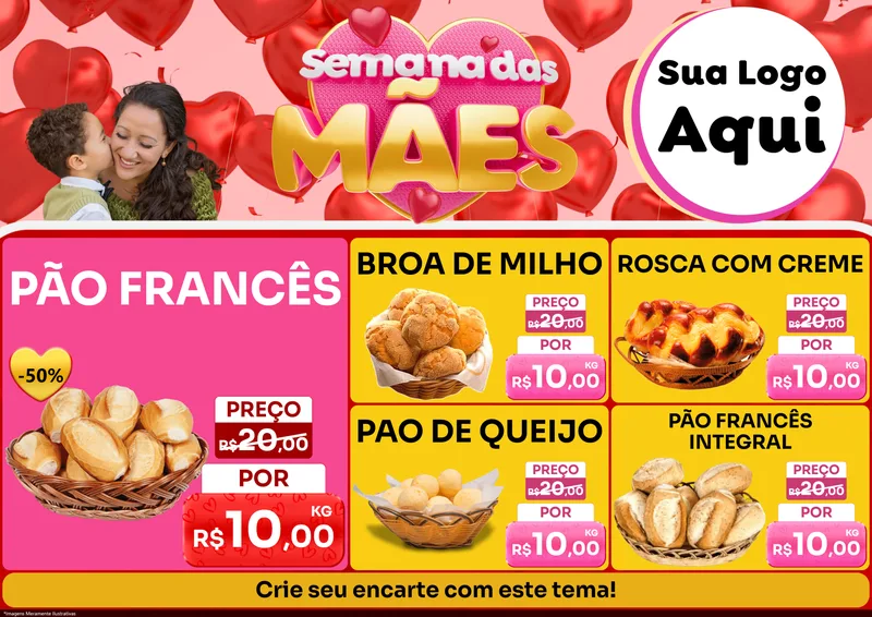Modelo de Encarte para Encarte A4 Horizontal com o tema Semana Das Mães para Padaria