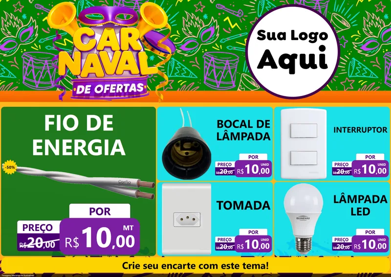 Modelo de Encarte para Encarte A4 Horizontal com o tema Carnaval de Ofertas para Materiais Elétricos