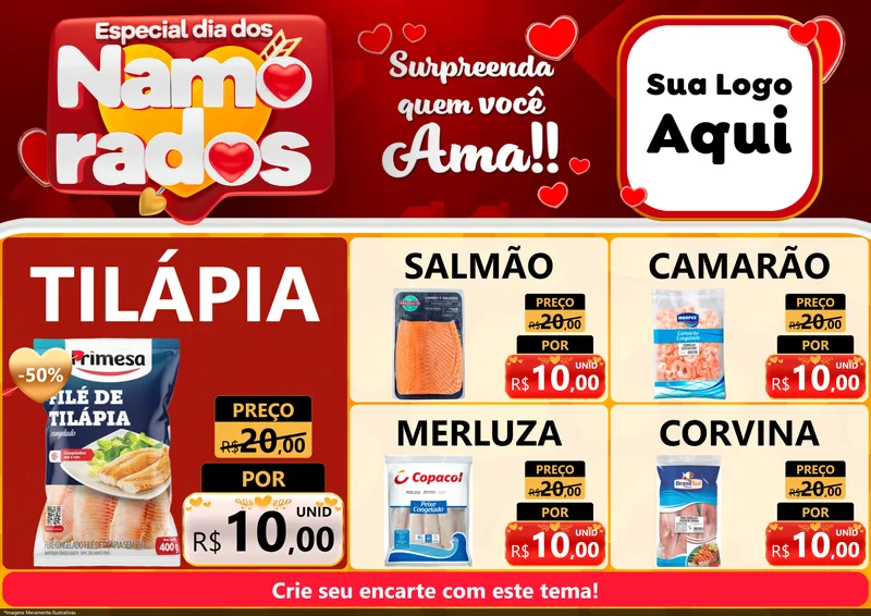 Modelo de Encarte para Encarte A4 Horizontal com o tema Especial Dia dos Namorados para Peixaria